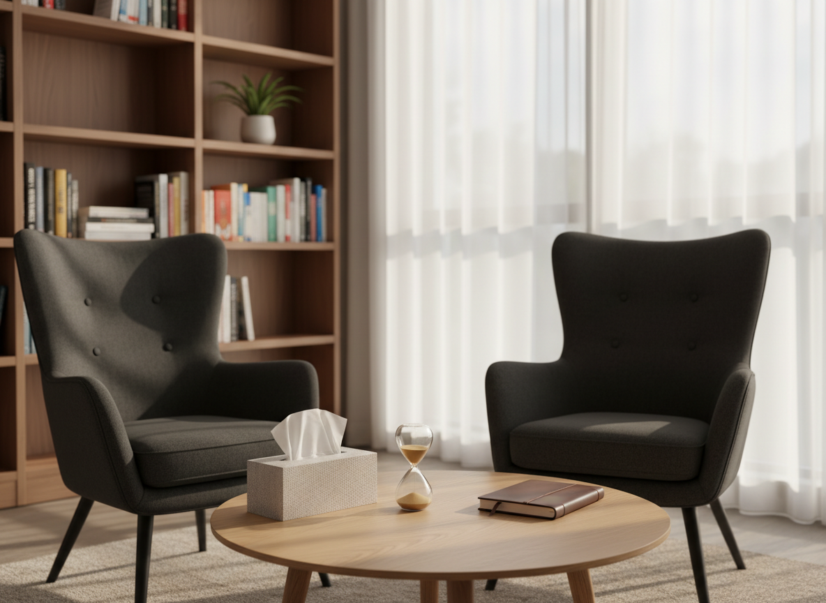 A neatly arranged couples therapy workspace with two identical high-backed armchairs upholstered in soft charcoal fabric, angled slightly toward each other around a low, light-oak coffee table. A box of premium tissues, a small sand timer, and a leather-bound notebook rest on the tabletop, symbolizing emotional work and structure. The space sits near a large window with sheer white curtains, bathed in diffused late-afternoon natural light that casts gentle, calming shadows. In the background, a blurred bookshelf holds psychology texts and a single green plant. Photographic realism, eye-level composition with a shallow depth of field, creating a professional yet inviting mood that suggests safety, balance, and open communication for couples in conflict.