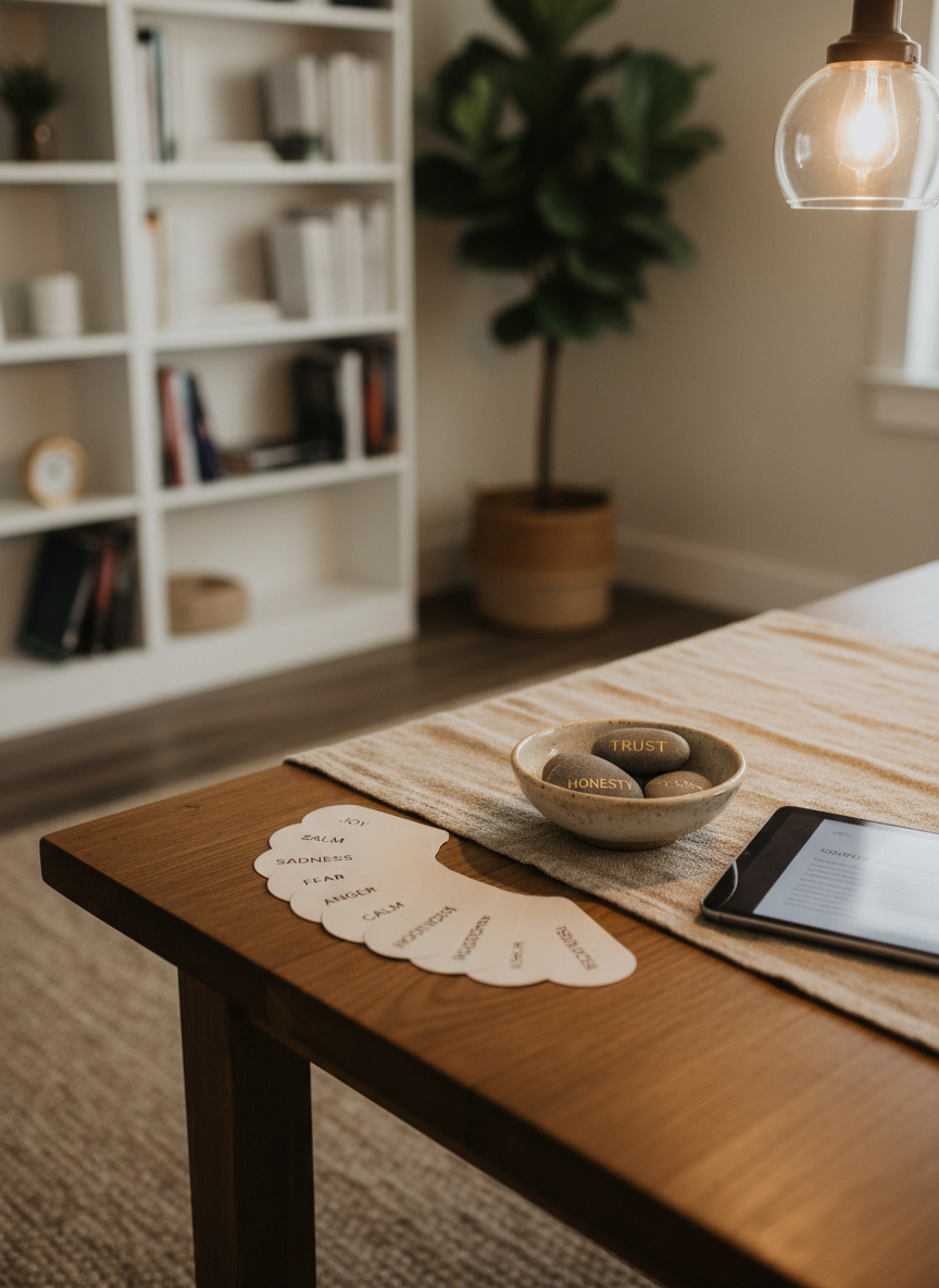 A sturdy, medium-toned wooden table displaying a carefully curated set of therapy tools: a stack of emotion word cards fanned out, a small ceramic bowl filled with polished river stones engraved with words like “trust,” “safety,” and “honesty,” and a discreet digital tablet showing a blurred couples assessment form on its screen. A soft, woven linen runner in warm beige runs beneath them, adding texture and warmth. The scene is lit by gentle, warm overhead pendant lighting that creates smooth highlights on the stones and subtle shadows along the table grain. Background elements of a modern therapy office—bookshelves, a neutral rug, a potted plant—are softly out of focus. Photographic realism, shot at table height with a shallow depth of field, suggesting a grounded, methodical, and hopeful process of guided healing.