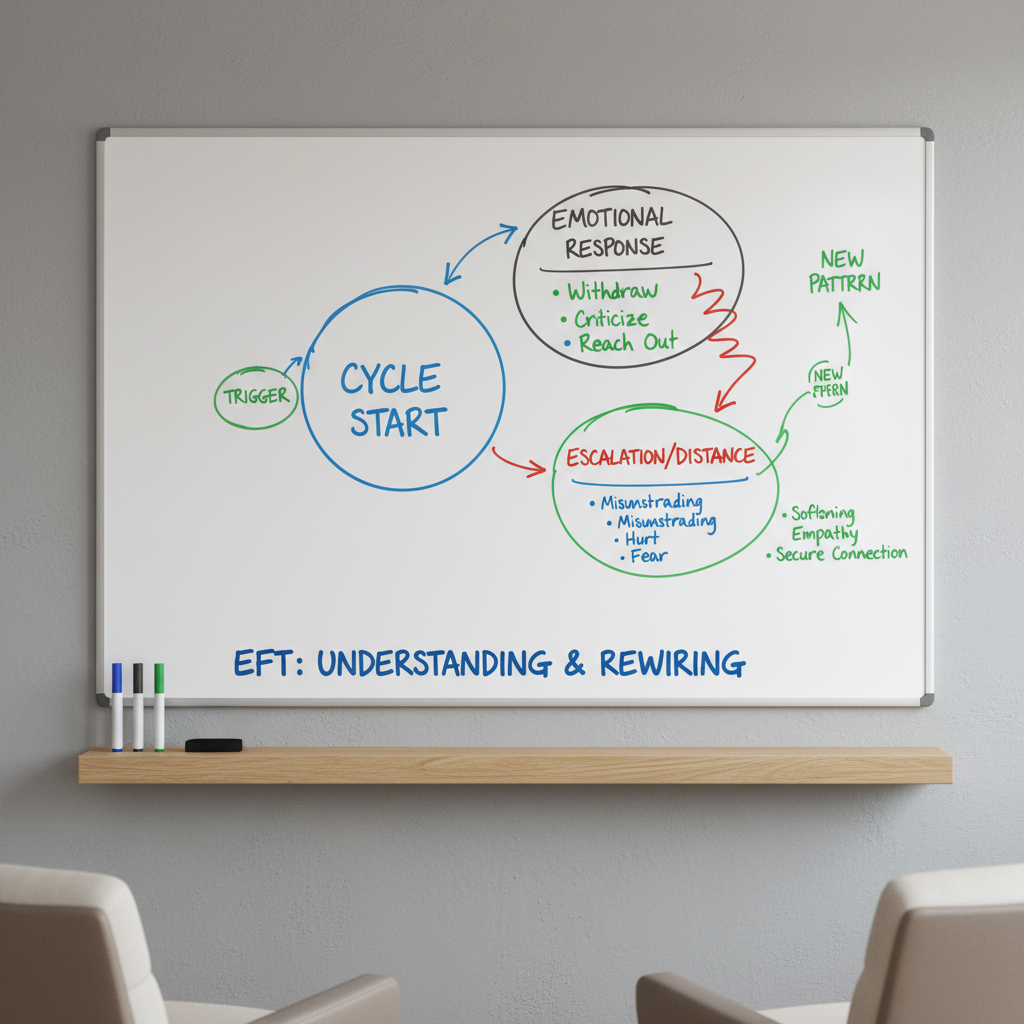 A large, clean whiteboard mounted on a soft gray wall in a therapy office, filled with a neatly drawn Emotionally Focused Therapy cycle diagram. Arrows, color-coded circles, and concise phrases like “trigger,” “emotional response,” and “new pattern” are written in precise handwriting using blue, green, and charcoal markers. On a nearby sleek wooden ledge, markers and an eraser are carefully lined up. Soft neutral-toned chairs sit blurred in the foreground, suggesting an attentive audience. Natural daylight from an unseen window to the right creates an even, diffused glow with minimal shadows. Photographic realism with an eye-level, slightly off-center composition, conveying clarity, structure, and a professional, organized approach to understanding and changing relationship dynamics.