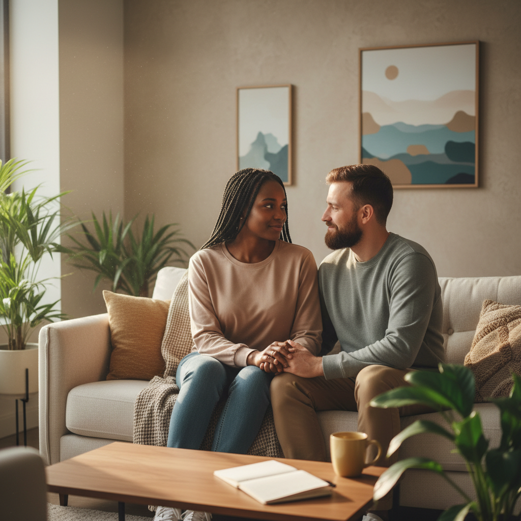 Warm, calming scene of a diverse couple in a therapy session, seated slightly turned toward each other on a sofa, therapist off-frame, soft natural light, modern neutral-toned office, mood of hopeful reconnection and safety, photographic realism